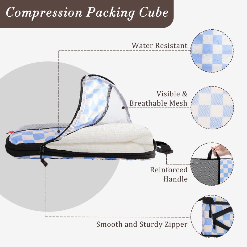 U+U 10 Set Compression Packing Cubes - Ultralight Travel Organizers with Laundry Bag and Cosmetic Bag, Space-Saving Suitcase Organizer for Travel, Business Trip and Family Vacation (Blue Checkered) - Image 2