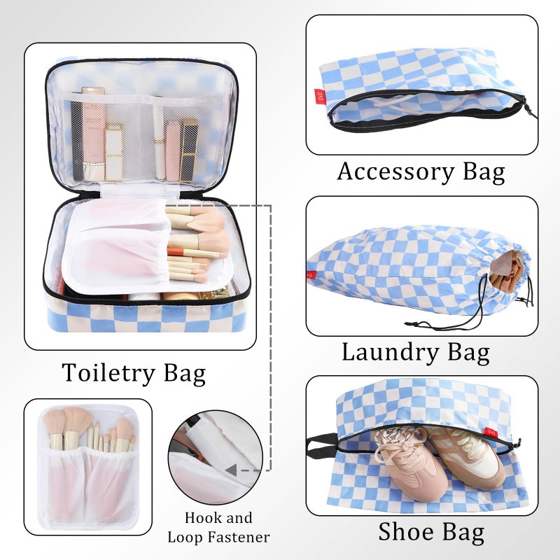 U+U 10 Set Compression Packing Cubes - Ultralight Travel Organizers with Laundry Bag and Cosmetic Bag, Space-Saving Suitcase Organizer for Travel, Business Trip and Family Vacation (Blue Checkered) - Image 4