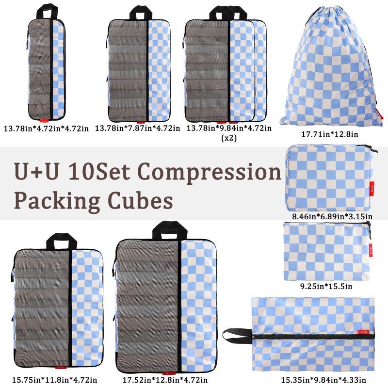 U+U 10 Set Compression Packing Cubes - Ultralight Travel Organizers with Laundry Bag and Cosmetic Bag, Space-Saving Suitcase Organizer for Travel, Business Trip and Family Vacation (Blue Checkered) - Image 3
