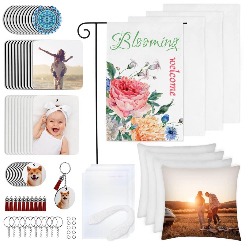 Ainiv 89PCS Sublimation Blanks Products Set Sublimation Blank Car Coaster Keychain with Tassel Pillow Covers Garden Flags Air Freshener Sheets for Sublimation Transfer Heat Press Printing Crafts