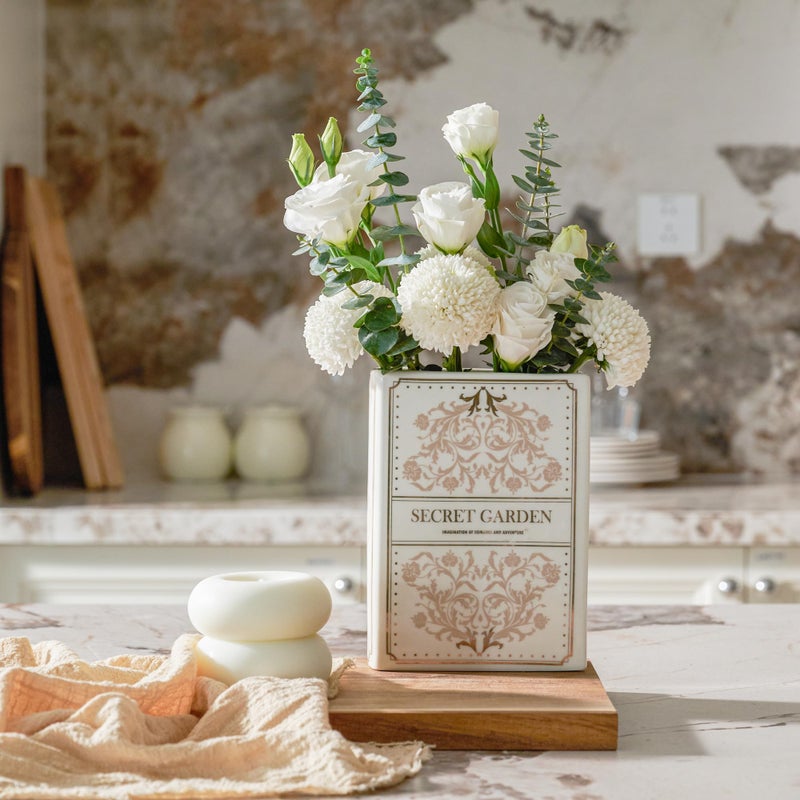 DN DECONATION Ceramic Book-Shaped Vase for Flowers, Book Lovers Gifts Planter Pot, Aesthetic Room Decor Cute Unique Flowers Vases for Home, Bookshelf, Bookish, Bedroom & Office Decor for Women, Reader Gift (White) - Image 2