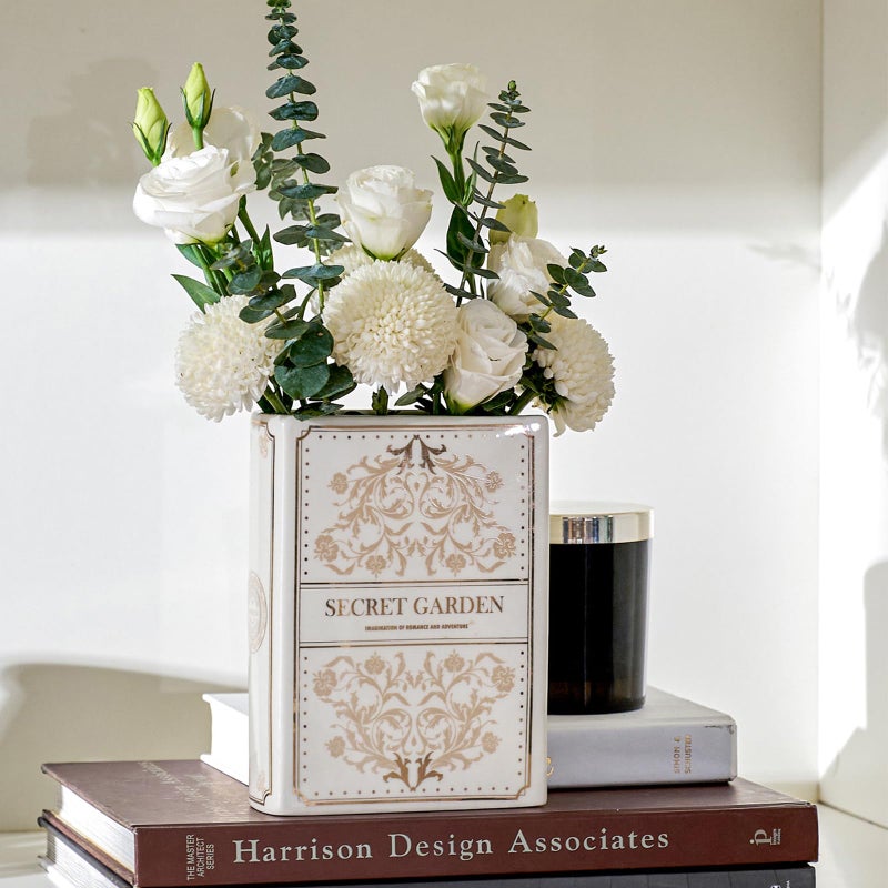 DN DECONATION Ceramic Book-Shaped Vase for Flowers, Book Lovers Gifts Planter Pot, Aesthetic Room Decor Cute Unique Flowers Vases for Home, Bookshelf, Bookish, Bedroom & Office Decor for Women, Reader Gift (White) - Image 1