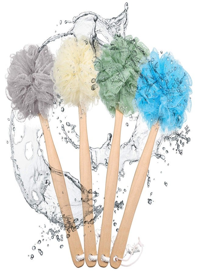 Patelai 4 Pieces Loofah Back Scrubber Bath Sponge with Wooden Handle Long Handle Sponge Mesh on a Stick for Shower Exfoliating Bath Body Brush Luffa Back Brush for Women Men - Image 2