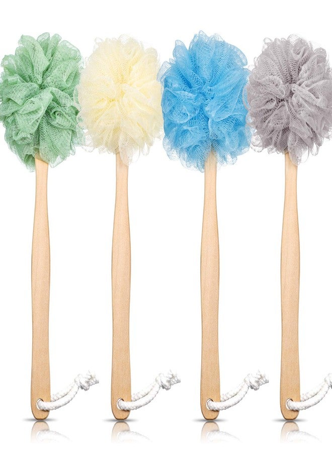 Patelai 4 Pieces Loofah Back Scrubber Bath Sponge with Wooden Handle Long Handle Sponge Mesh on a Stick for Shower Exfoliating Bath Body Brush Luffa Back Brush for Women Men - Image 1