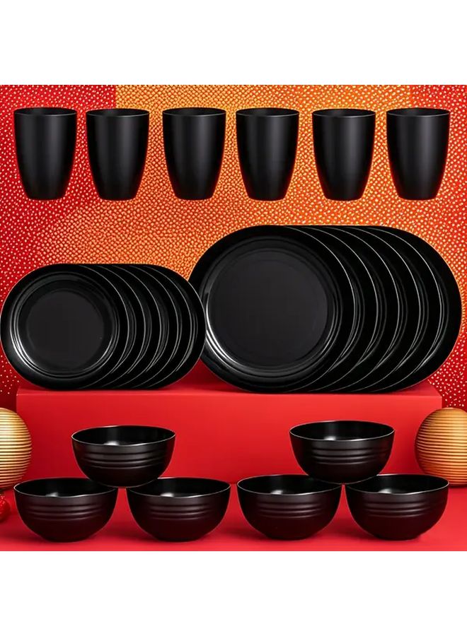 Black 24 Piece PP Tableware Set Including Plates Bowls Cups Lightweight Dishwasher Safe Home Camping - Image 1