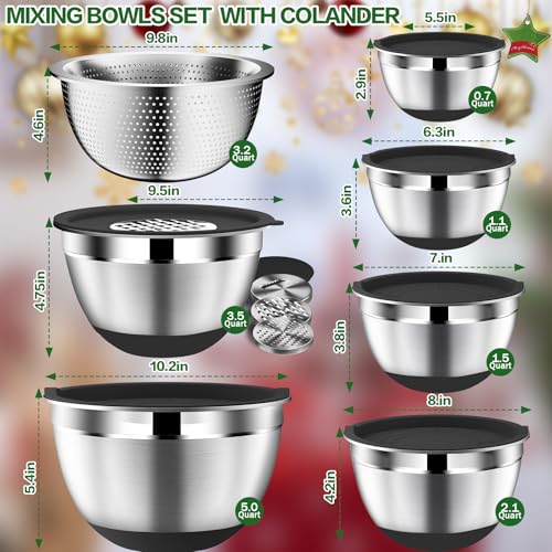 DUTZUN Mixing Bowls with Lids Set - 16pcs Stainless Steel Mixing Bowl Set with Colander, 3 Grater Attachments, Non-Slip Bottom, Metal Nesting Bowls with Strainer for Mixing & Serving - Black - Image 2