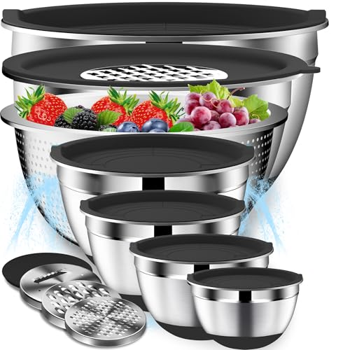 DUTZUN Mixing Bowls with Lids Set - 16pcs Stainless Steel Mixing Bowl Set with Colander, 3 Grater Attachments, Non-Slip Bottom, Metal Nesting Bowls with Strainer for Mixing & Serving - Black - Image 1