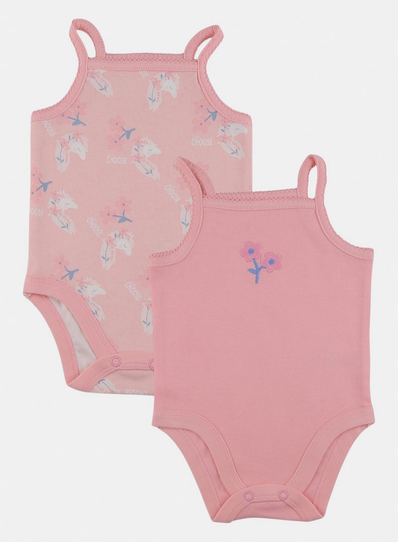 Girls Pink Unicorn Printed Strap Bodysuit - Pack of 2