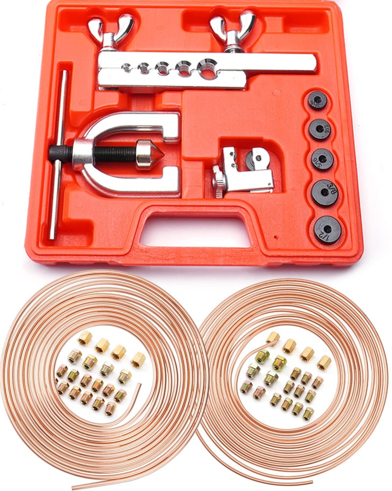 Racewill 25 ft 3/16" + 1/4" Copper Coated Brake Line Kit (Includes 32 Fittings and 8 Unions)+ Brake Line Double & Single Flaring Tool Kit - Image 1