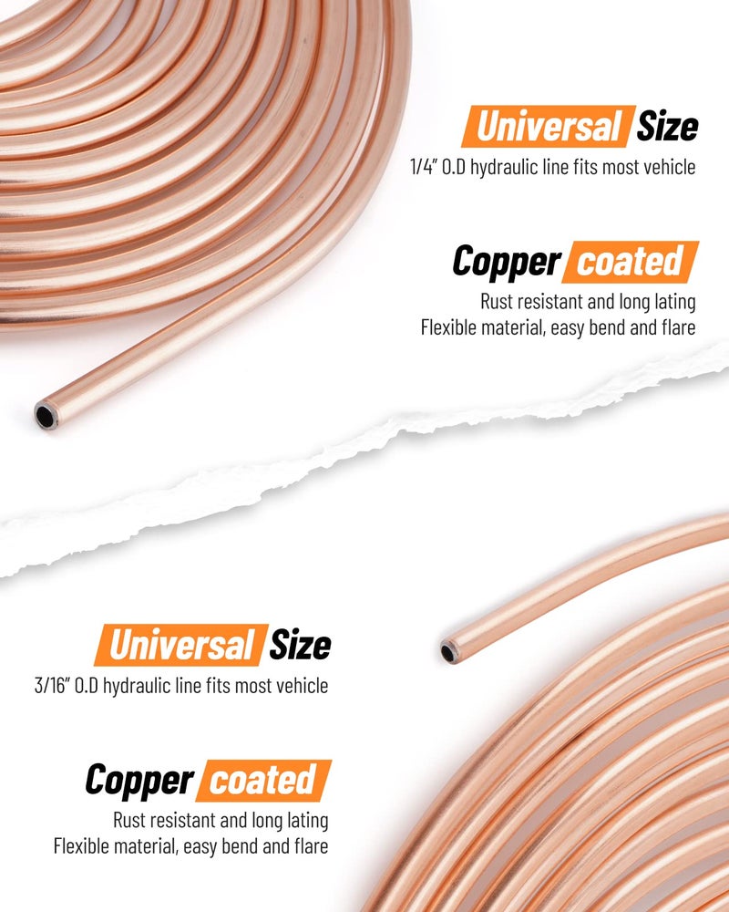 Racewill 25 ft 3/16" + 1/4" Copper Coated Brake Line Kit (Includes 32 Fittings and 8 Unions)+ Brake Line Double & Single Flaring Tool Kit - Image 3