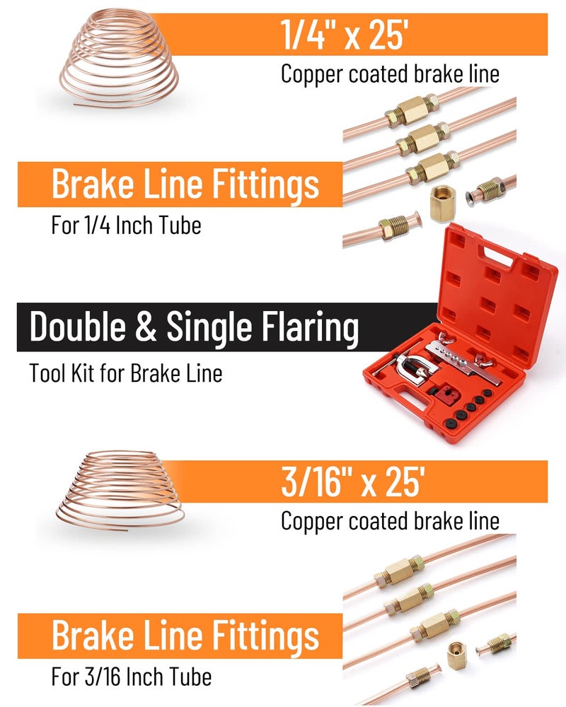 Racewill 25 ft 3/16" + 1/4" Copper Coated Brake Line Kit (Includes 32 Fittings and 8 Unions)+ Brake Line Double & Single Flaring Tool Kit - Image 2