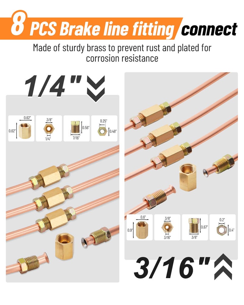 Racewill 25 ft 3/16" + 1/4" Copper Coated Brake Line Kit (Includes 32 Fittings and 8 Unions)+ Brake Line Double & Single Flaring Tool Kit - Image 4