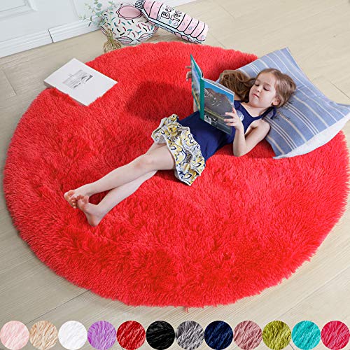 Amdrebio Red Round Rug 5Ft for Boys Bedroom, Fluffy Fuzzy Circle Area Rugs for Kids Room Decor Aesthetic, Plush Shaggy Furry Carpet for Living Room Nursery Dorm Classroom, Shag Baby Teen Christmas Rug - Image 1