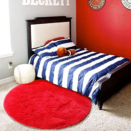 Amdrebio Red Round Rug 5Ft for Boys Bedroom, Fluffy Fuzzy Circle Area Rugs for Kids Room Decor Aesthetic, Plush Shaggy Furry Carpet for Living Room Nursery Dorm Classroom, Shag Baby Teen Christmas Rug - Image 5