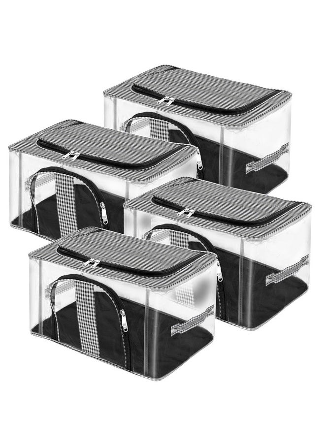 Storite Storite 4 Pack Nylon 33 L PVC Transparent Moisture Proof Storage box for Clothes Closet Wardrobe Bag for Clothes Saree Bags with Carry Handle (Checks Design Black,44 x 31 x 24 cm)  - Image 1