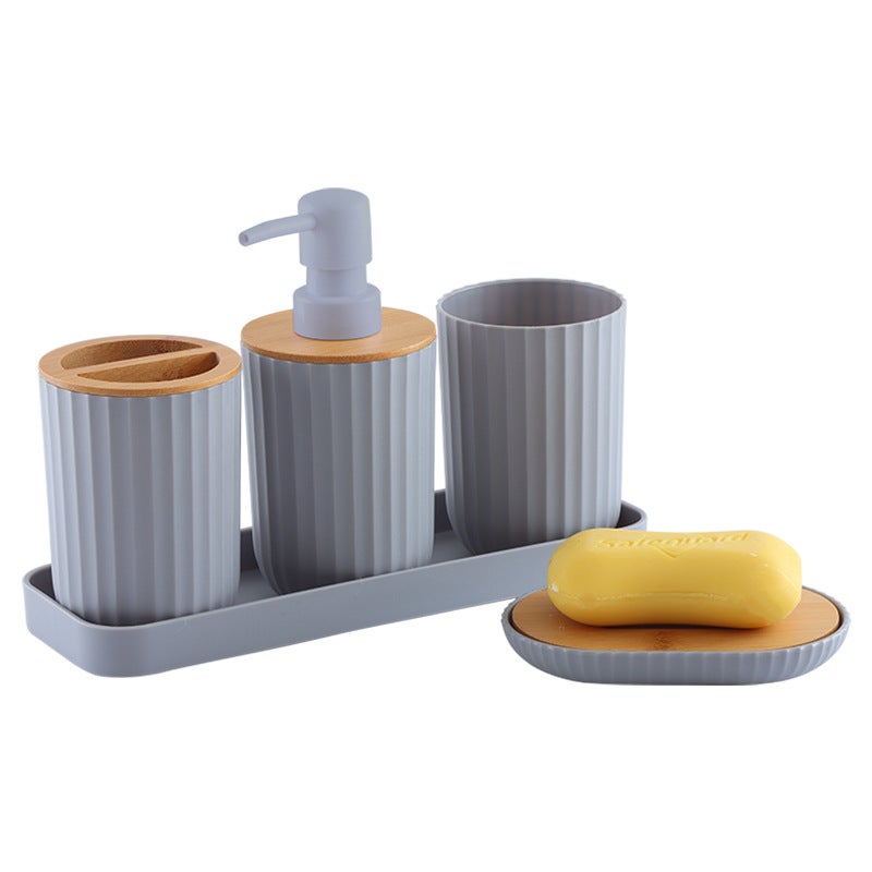 ins Bathroom Wash Set Bathroom Storage Utensils Brushing and Gargle Cup Supplies Hotel Tray Kit Five-Piece Set(T225-5 bamboo ash) - Image 1