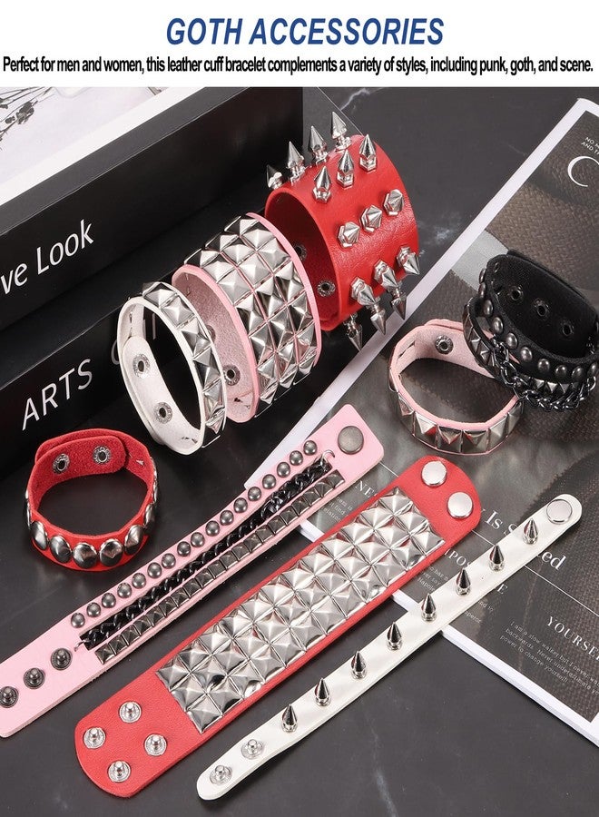 MECCANIXITY 3Pcs Rock Punk Round Studded Leather Bracelet Set, 8.7"/22cm Goth Spiked Cuff PU Wristband Adjustable Bracelets Emo Grunge Accessories Halloween Party Favors, Rose Red - Image 4