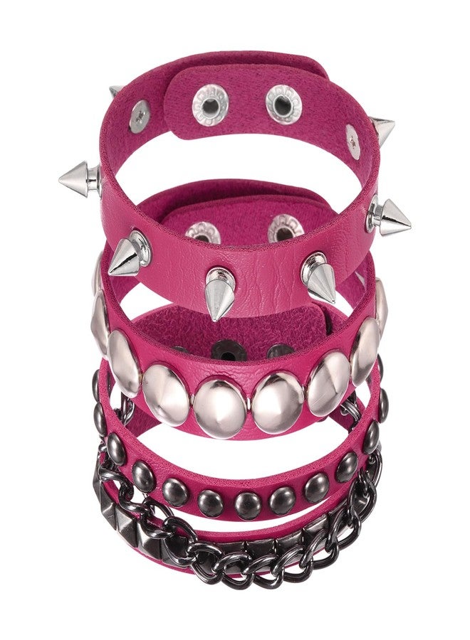 MECCANIXITY 3Pcs Rock Punk Round Studded Leather Bracelet Set, 8.7"/22cm Goth Spiked Cuff PU Wristband Adjustable Bracelets Emo Grunge Accessories Halloween Party Favors, Rose Red - Image 1