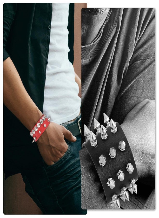 MECCANIXITY 3Pcs Rock Punk Round Studded Leather Bracelet Set, 8.7"/22cm Goth Spiked Cuff PU Wristband Adjustable Bracelets Emo Grunge Accessories Halloween Party Favors, Rose Red - Image 5