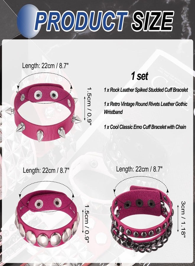 MECCANIXITY 3Pcs Rock Punk Round Studded Leather Bracelet Set, 8.7"/22cm Goth Spiked Cuff PU Wristband Adjustable Bracelets Emo Grunge Accessories Halloween Party Favors, Rose Red - Image 2