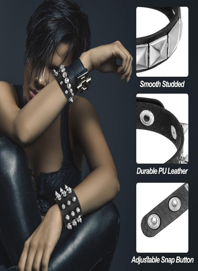 MECCANIXITY 3Pcs Rock Punk Round Studded Leather Bracelet Set, 8.7"/22cm Goth Spiked Cuff PU Wristband Adjustable Bracelets Emo Grunge Accessories Halloween Party Favors, Rose Red - Image 3