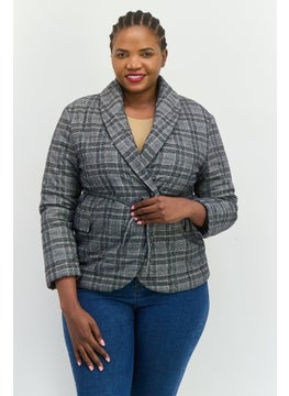 MANGO Women Regular Fit Plaid Casual Blazer, Black  - Image 1