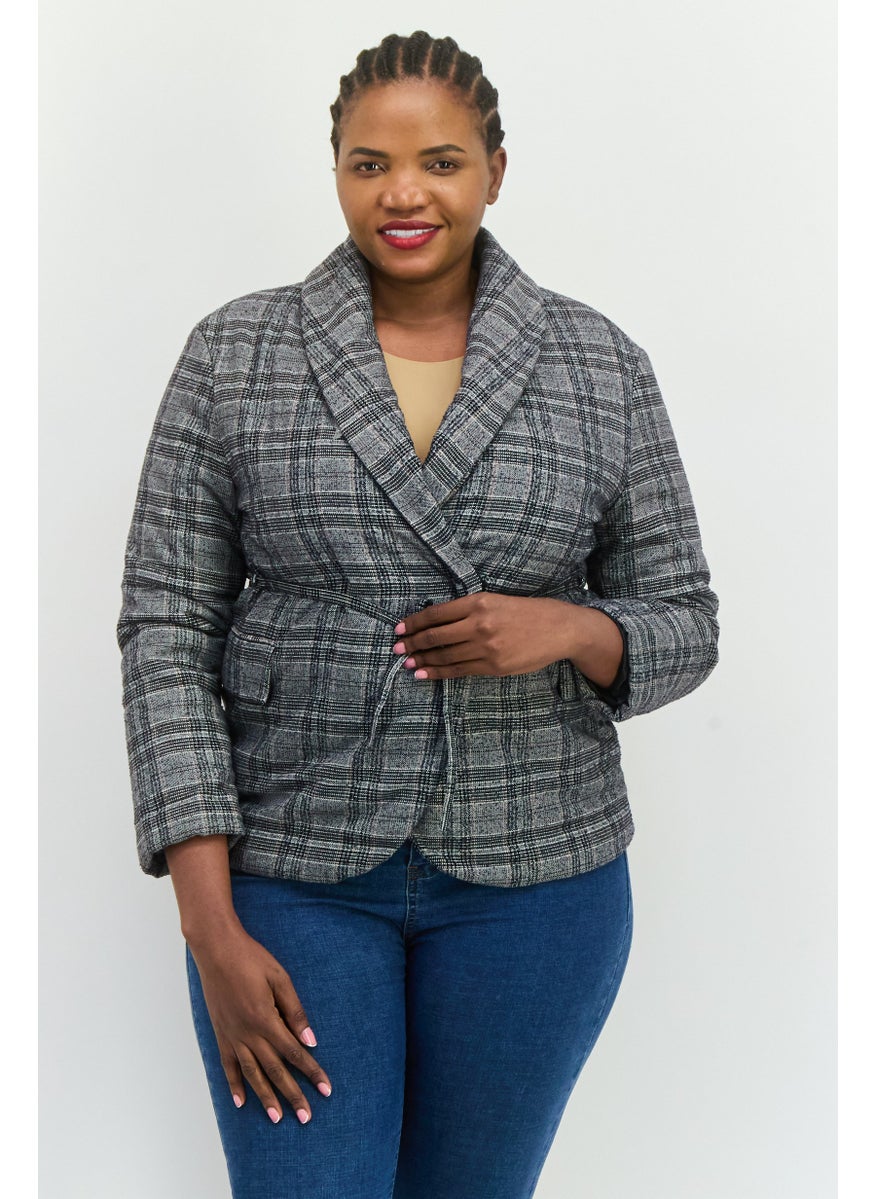 MANGO Women Regular Fit Plaid Casual Blazer, Black  - Image 1