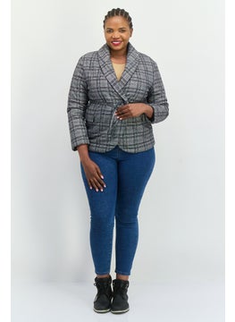 MANGO Women Regular Fit Plaid Casual Blazer, Black  - Image 2