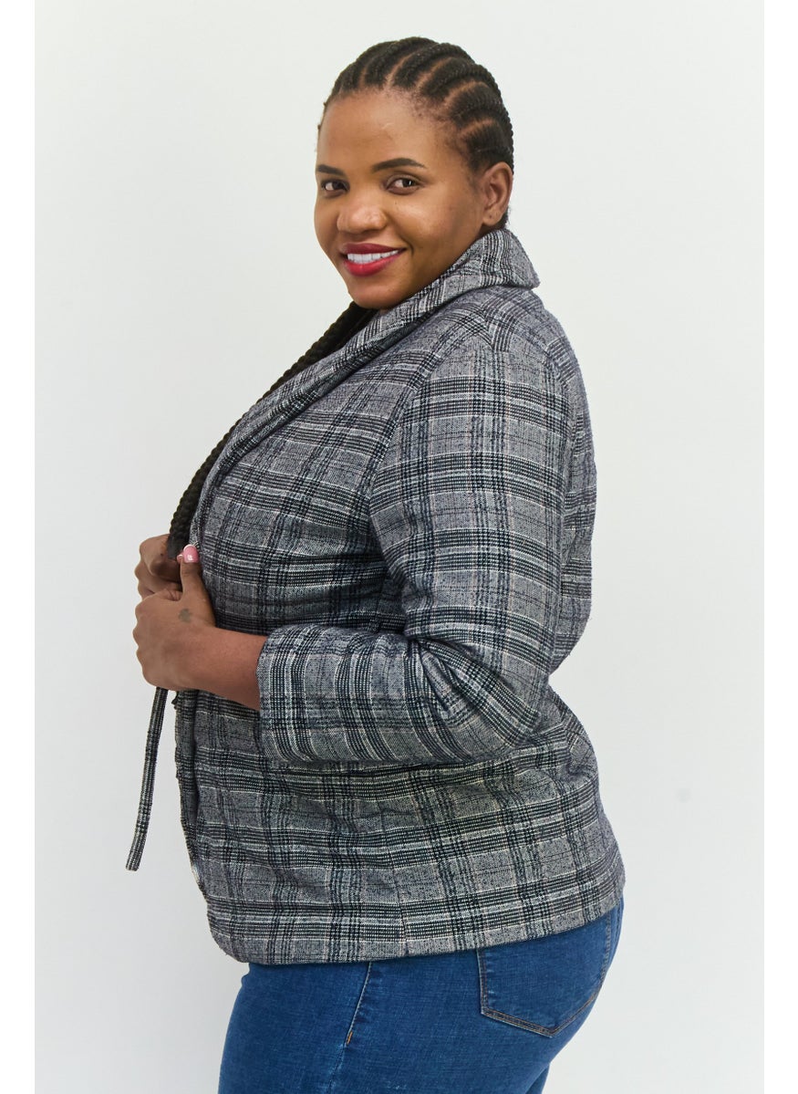 MANGO Women Regular Fit Plaid Casual Blazer, Black  - Image 3
