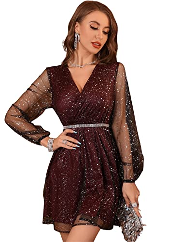 Floerns Women's Lantern Long Sleeve V Neck Mesh Cocktail Party Short Dress Without Belt Burgundy L - Image 1