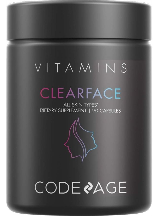 Codeage Clearface Pantothenic Acid, Niacin Supplement, Vitamins A, C, D3, E, Probiotics, Zinc, Riboflavin, Thiamin, L-Lysine HCL & Omega-3, Niacinamide, Skin Botanical Blend - Non-GMO - 90 Capsules - Image 1
