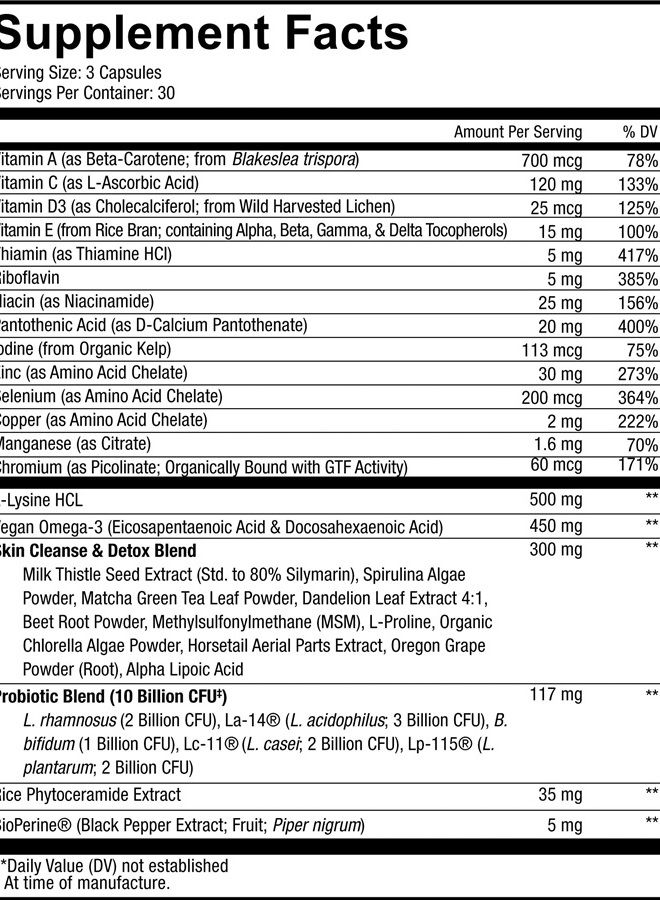 Codeage Clearface Pantothenic Acid, Niacin Supplement, Vitamins A, C, D3, E, Probiotics, Zinc, Riboflavin, Thiamin, L-Lysine HCL & Omega-3, Niacinamide, Skin Botanical Blend - Non-GMO - 90 Capsules - Image 2