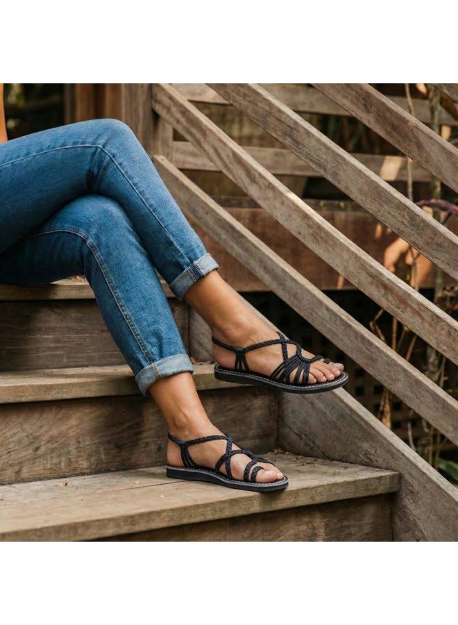 Plaka Palm Leaf Flat Summer Sandals for Women | Perfect for the Beach Walking & Dressy Occasions | Black | Size 7 - Image 4