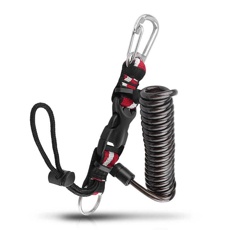 OVOVFANY Scuba Diving Coiled Lanyard, Heavy Duty Stainless Steel Spring Lanyard Safety Retractable Cord Rope with Quick Release Buckle and Clip & O-Ring for Fix Underwater Camera or Dive Light Torch (Black) - Image 1