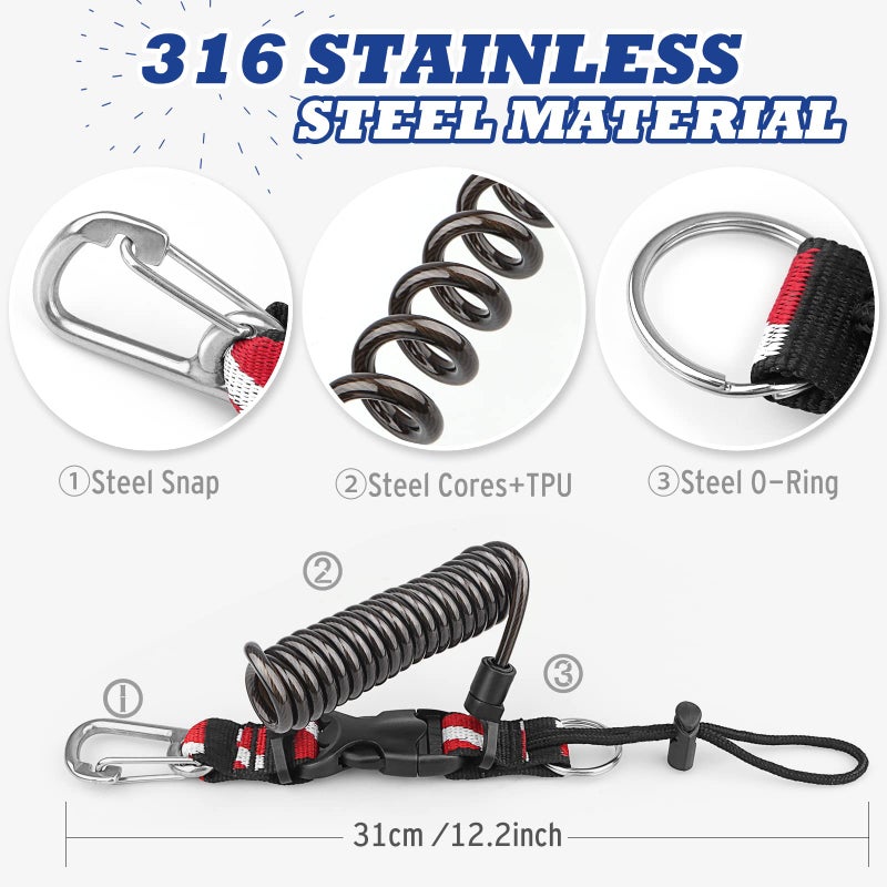 OVOVFANY Scuba Diving Coiled Lanyard, Heavy Duty Stainless Steel Spring Lanyard Safety Retractable Cord Rope with Quick Release Buckle and Clip & O-Ring for Fix Underwater Camera or Dive Light Torch (Black) - Image 3