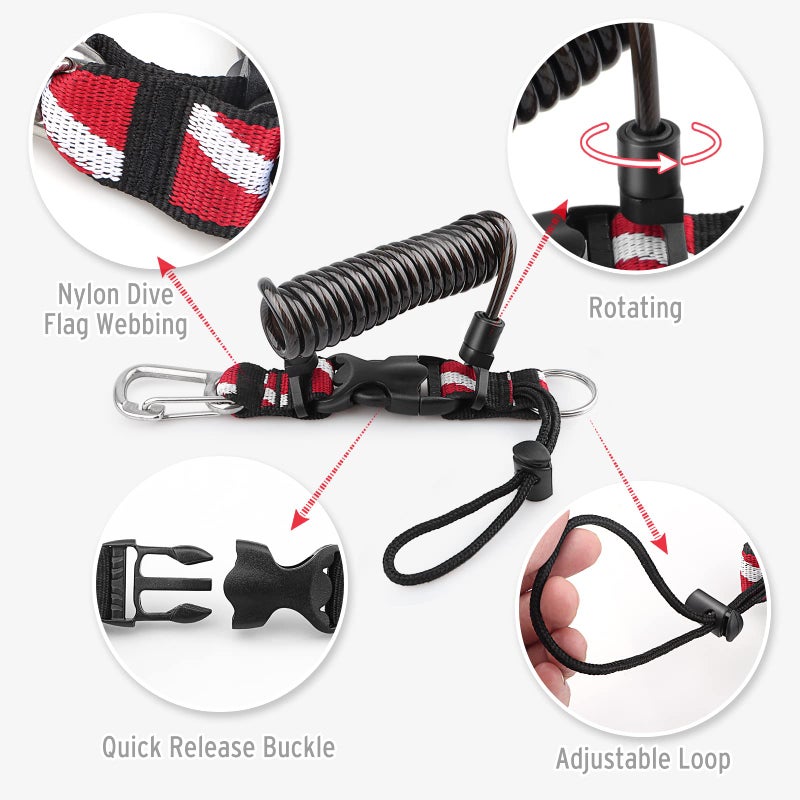 OVOVFANY Scuba Diving Coiled Lanyard, Heavy Duty Stainless Steel Spring Lanyard Safety Retractable Cord Rope with Quick Release Buckle and Clip & O-Ring for Fix Underwater Camera or Dive Light Torch (Black) - Image 4