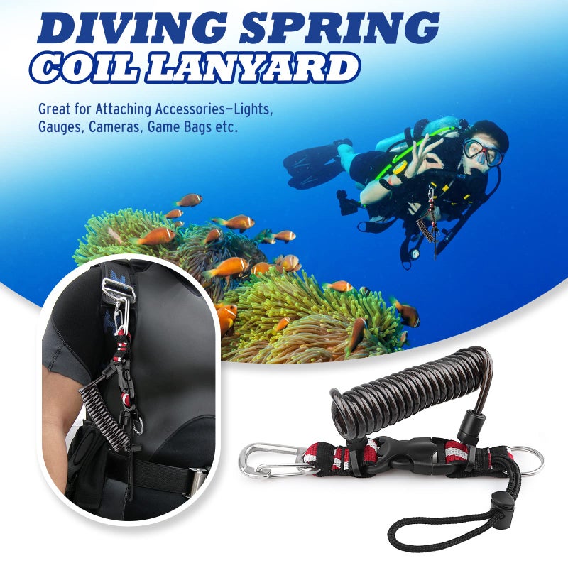 OVOVFANY Scuba Diving Coiled Lanyard, Heavy Duty Stainless Steel Spring Lanyard Safety Retractable Cord Rope with Quick Release Buckle and Clip & O-Ring for Fix Underwater Camera or Dive Light Torch (Black) - Image 2