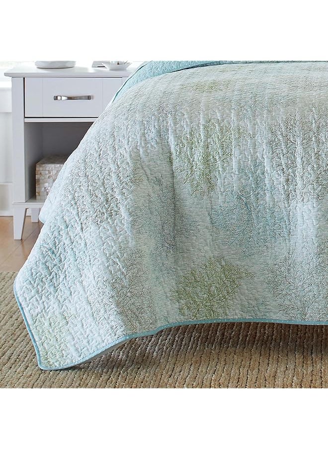 LAURA ASHLEY - Twin Quilt Set Reversible Cotton Bedding With Matching Sham Pre Washed Home Decor For Added Softness Saltwater Blue Twin - Image 1