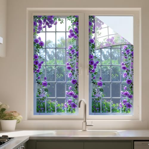 IVN Stained Glass Window Film Purple Rose Vine Pattern 17.7 x 39.3 Inch Privacy Window Film Flowers Static Cling Sun Blocking Decor Removable for Living Room Bathroom Home Privacy Glass Covering - Image 5
