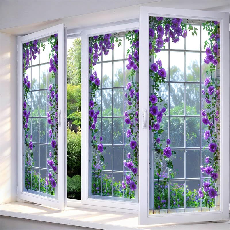 IVN Stained Glass Window Film Purple Rose Vine Pattern 17.7 x 39.3 Inch Privacy Window Film Flowers Static Cling Sun Blocking Decor Removable for Living Room Bathroom Home Privacy Glass Covering - Image 1