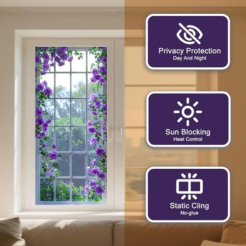 IVN Stained Glass Window Film Purple Rose Vine Pattern 17.7 x 39.3 Inch Privacy Window Film Flowers Static Cling Sun Blocking Decor Removable for Living Room Bathroom Home Privacy Glass Covering - Image 2