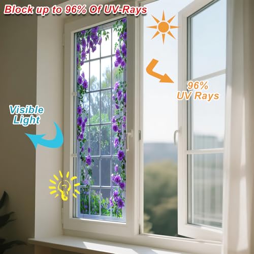 IVN Stained Glass Window Film Purple Rose Vine Pattern 17.7 x 39.3 Inch Privacy Window Film Flowers Static Cling Sun Blocking Decor Removable for Living Room Bathroom Home Privacy Glass Covering - Image 4