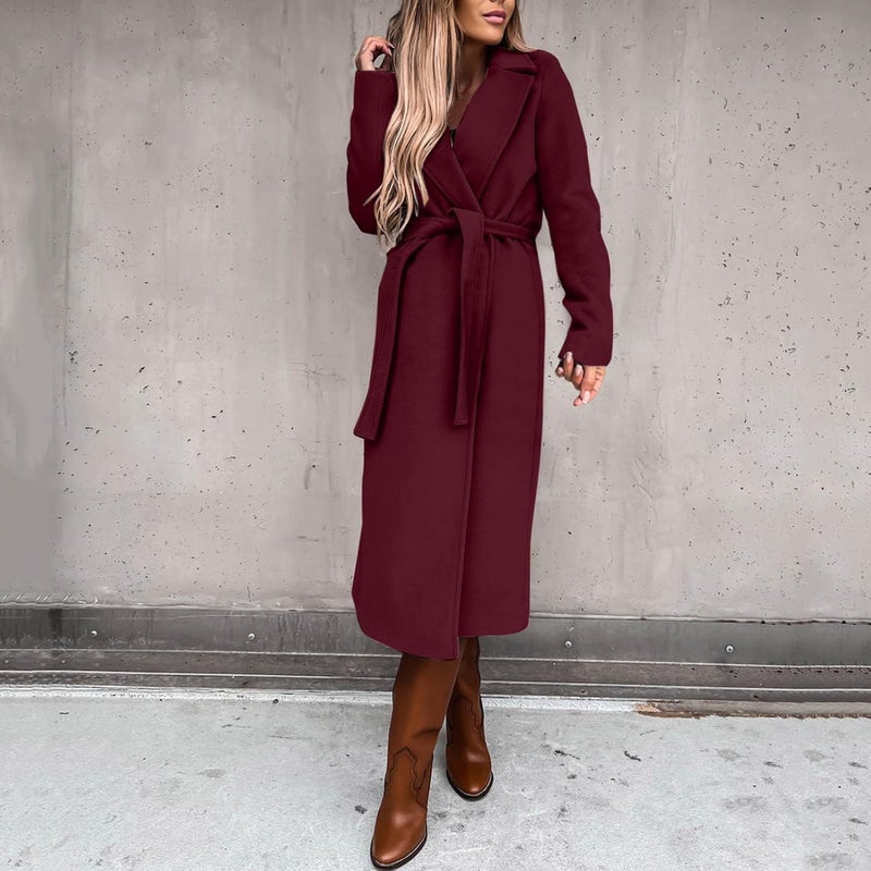 woobles Women's Faux Wool Notch Lapel Double Breasted Trench Belted Mid Long Outwear Winter Coat Slim Long Pea Coat Overcoat Medium 004-wine - Image 2