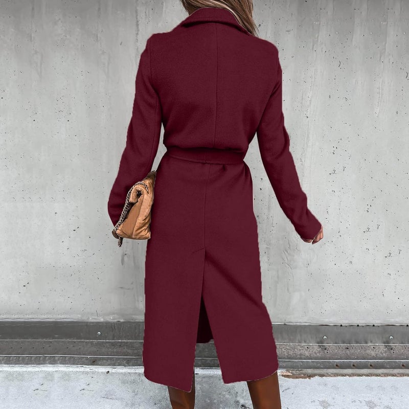 woobles Women's Faux Wool Notch Lapel Double Breasted Trench Belted Mid Long Outwear Winter Coat Slim Long Pea Coat Overcoat Medium 004-wine - Image 3