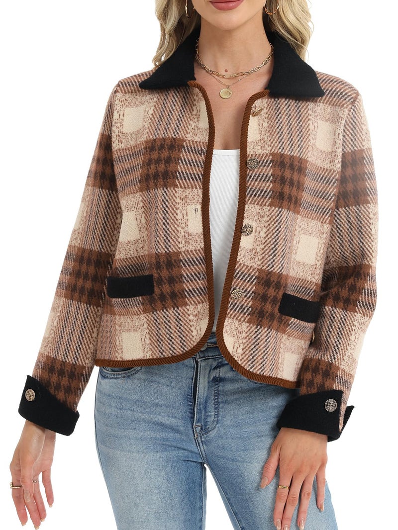 HOULENGS Women's Vintage Long Sleeve Plaid Print Cardigan Sweater Button Down Lapel Knit Sweater Coat with Pockets Khaki Small - Image 4