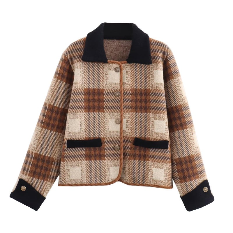 HOULENGS Women's Vintage Long Sleeve Plaid Print Cardigan Sweater Button Down Lapel Knit Sweater Coat with Pockets Khaki Small - Image 1