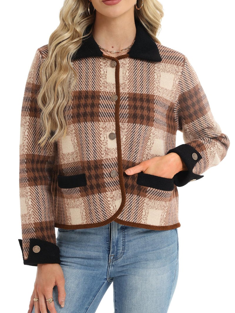 HOULENGS Women's Vintage Long Sleeve Plaid Print Cardigan Sweater Button Down Lapel Knit Sweater Coat with Pockets Khaki Small - Image 5