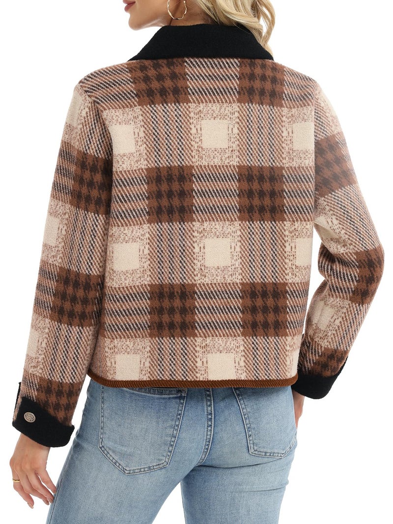 HOULENGS Women's Vintage Long Sleeve Plaid Print Cardigan Sweater Button Down Lapel Knit Sweater Coat with Pockets Khaki Small - Image 2