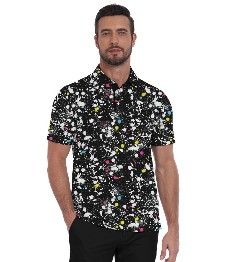 ZITY Men's Golf Polo Shirt Short Sleeve Performance Moisture Wicking Collared Print Shirt for Golf and Casual Wear, Black Splatter, XL - Image 2