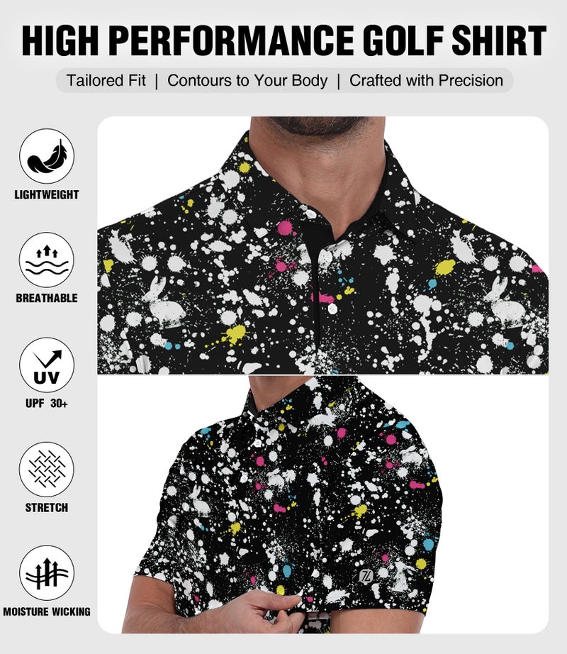 ZITY Men's Golf Polo Shirt Short Sleeve Performance Moisture Wicking Collared Print Shirt for Golf and Casual Wear, Black Splatter, XL - Image 4
